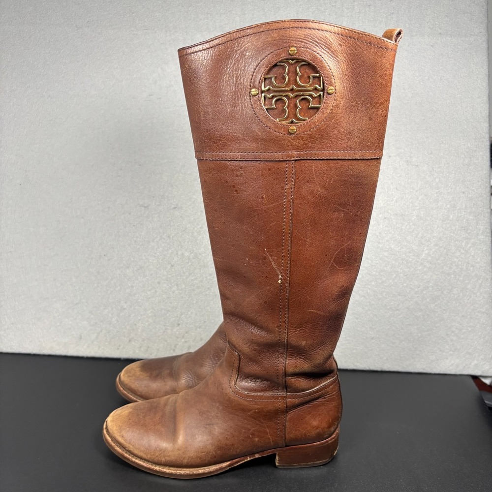 Tory Burch Kiernan Riding Boots Brown Leather Tall Knee High Womens 7M Medallion